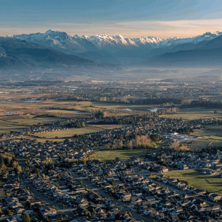 Aerial view of Chilliwack and the Fraser Valley at sunrise, with suburban homes, farmland, and snow-capped Coast Mountains—ideal region for first-time home buyers in British Columbia