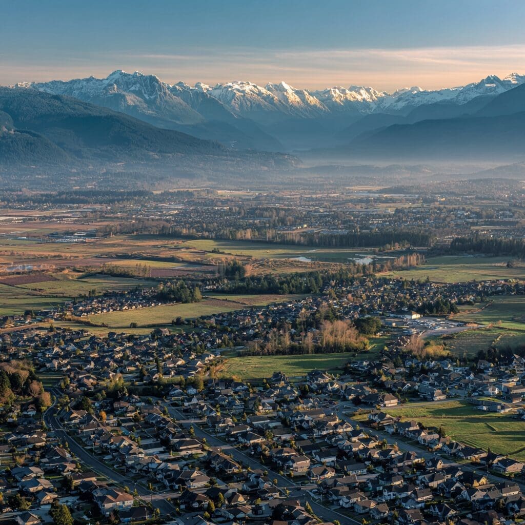 Aerial view of Chilliwack and the Fraser Valley at sunrise, with suburban homes, farmland, and snow-capped Coast Mountains—ideal region for first-time home buyers in British Columbia
