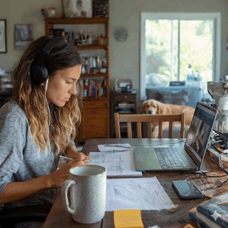 Self-employed woman working from home at her kitchen table, wearing headphones, reviewing mortgage documents with a laptop, paperwork, and coffee mug in front of her.