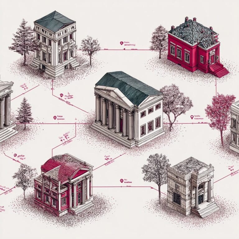 Stylized illustration of various classical and modern bank buildings connected by abstract routing lines, representing multiple mortgage lender options and decision pathways