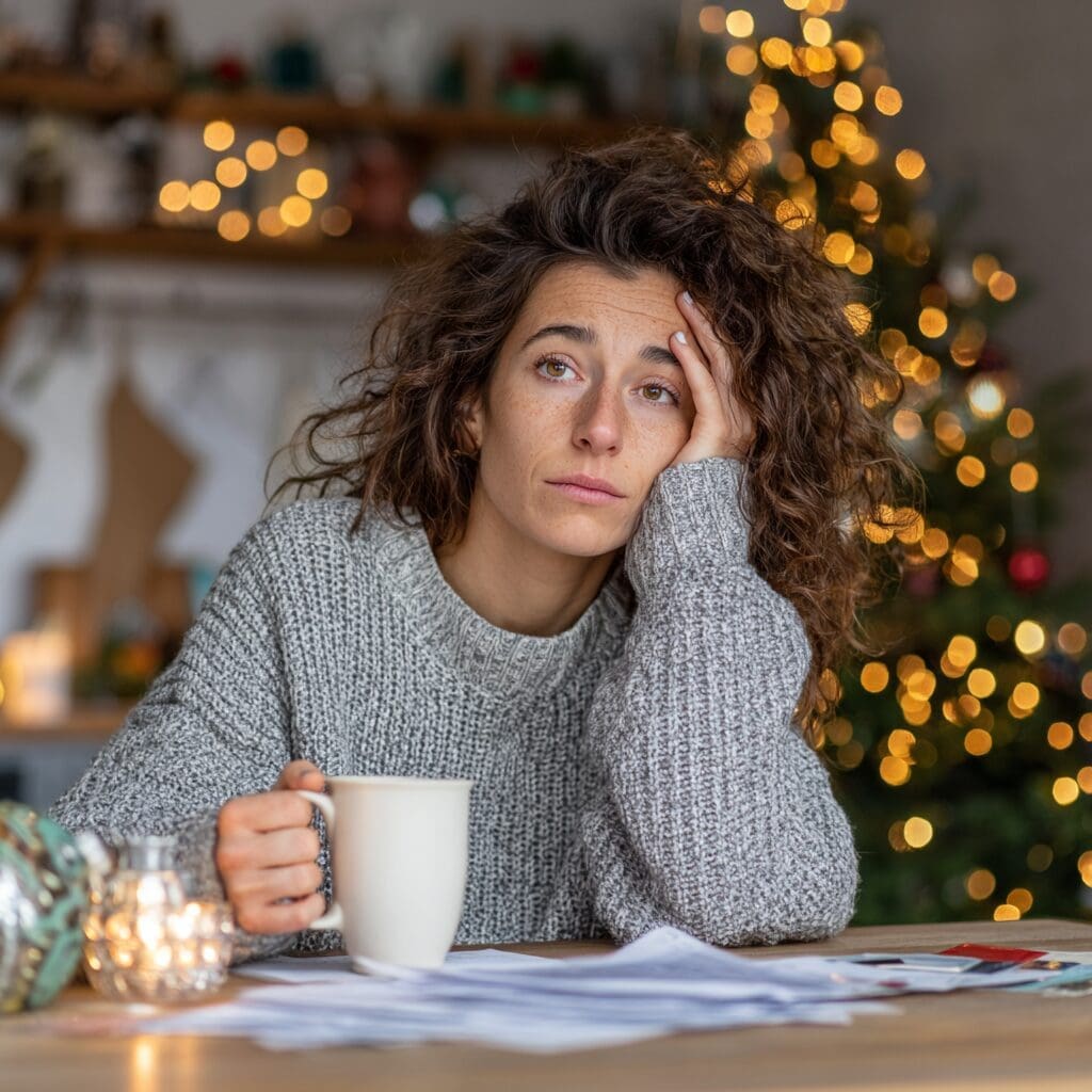 Frustrated woman holding a coffee mug and looking at bills after holiday spending, with Christmas decorations in the background