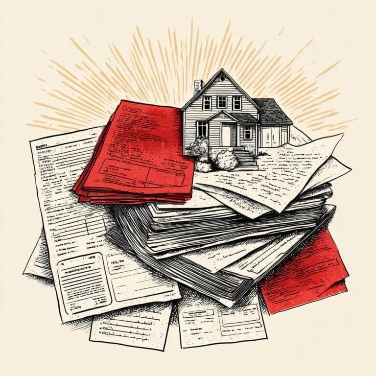 Illustration of mortgage paperwork stacked beneath a house, symbolizing home equity and debt consolidation
