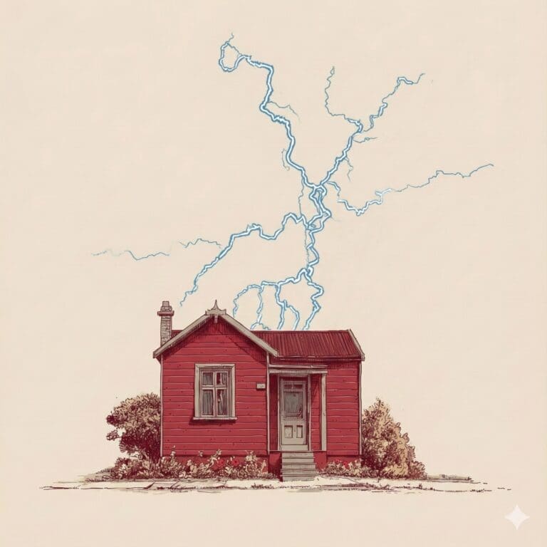 Illustrated red house under abstract blue lightning-like energy lines in a minimal beige background, symbolizing mortgage pressure or financial disruption