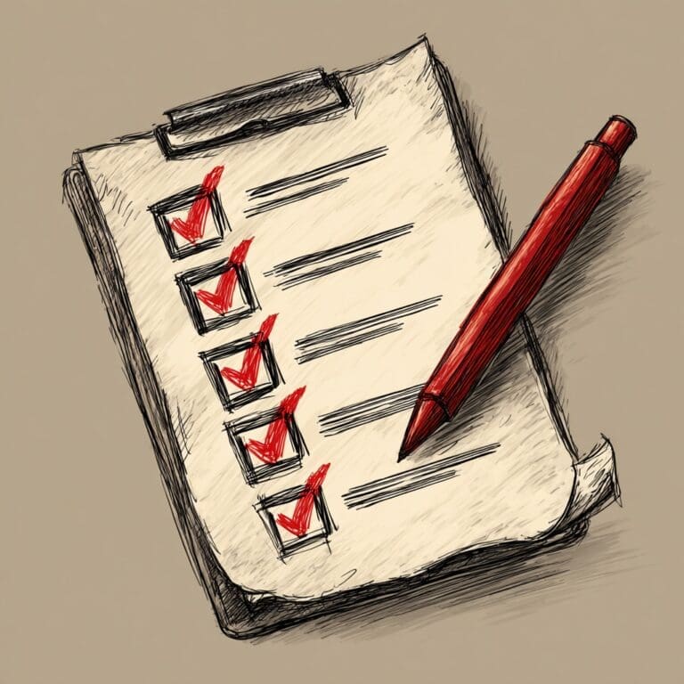 Hand-drawn style illustration of a checklist on a clipboard with red checkmarks and a red pen, symbolizing completed mortgage renewal preparation tasks